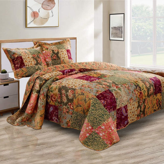 Kamet 3 Piece Fabric Queen Size Quilt Set with Floral Prints, Multicolor By Casagear Home