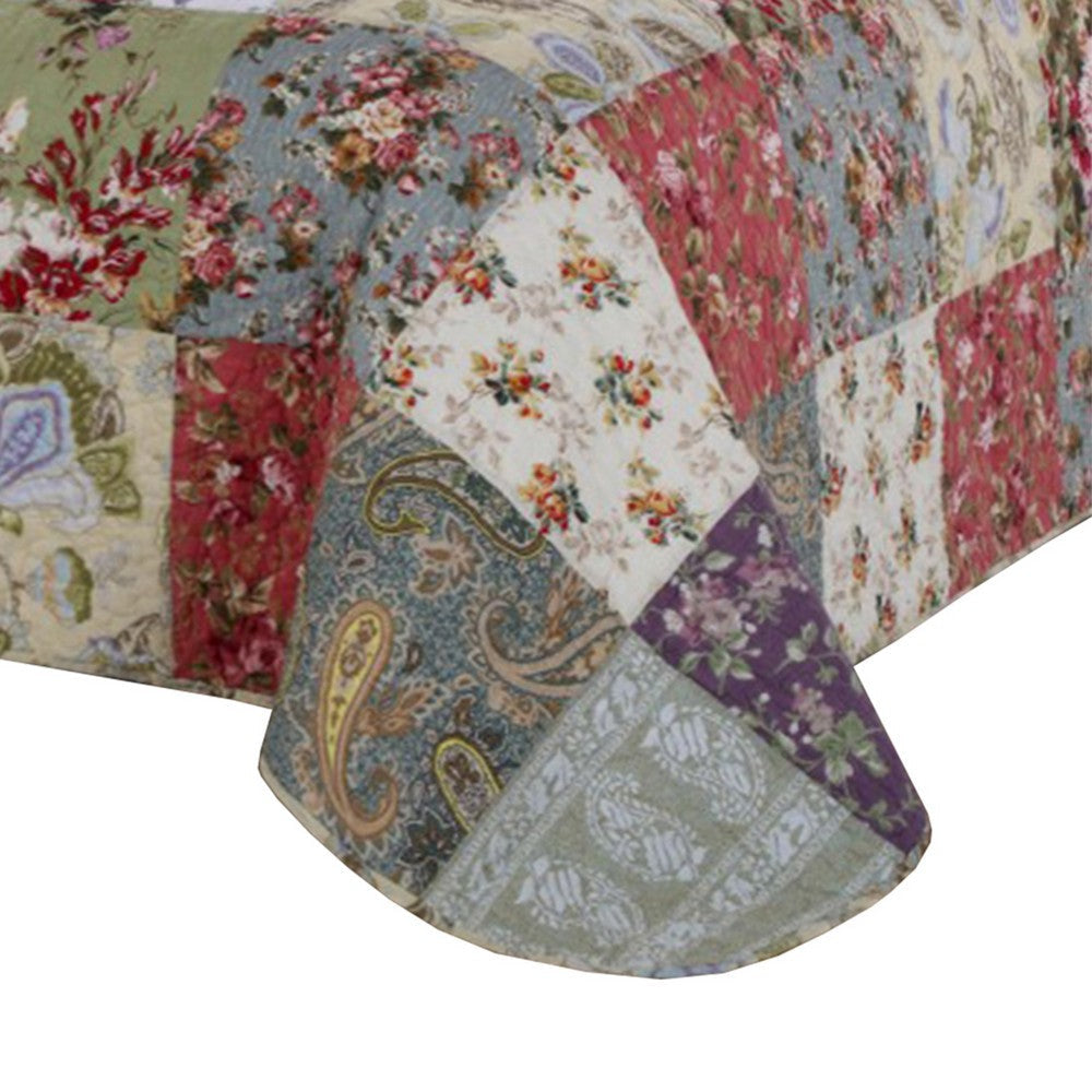 Eiger 3 Piece Fabric Queen Size Quilt Set with Jacobean Prints Multicolor By Casagear Home BM14948