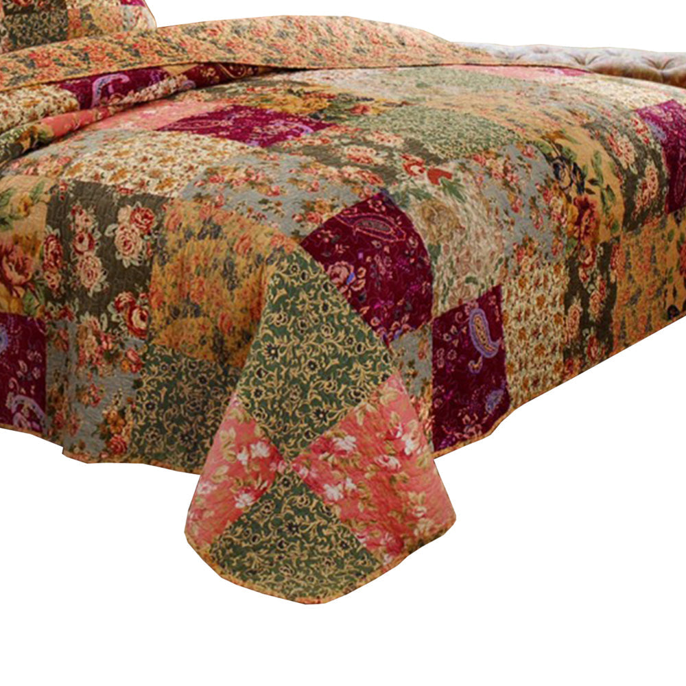 Kamet 3 Piece Fabric Full Size Bedspread Set with Floral Prints Multicolor By Casagear Home BM14954