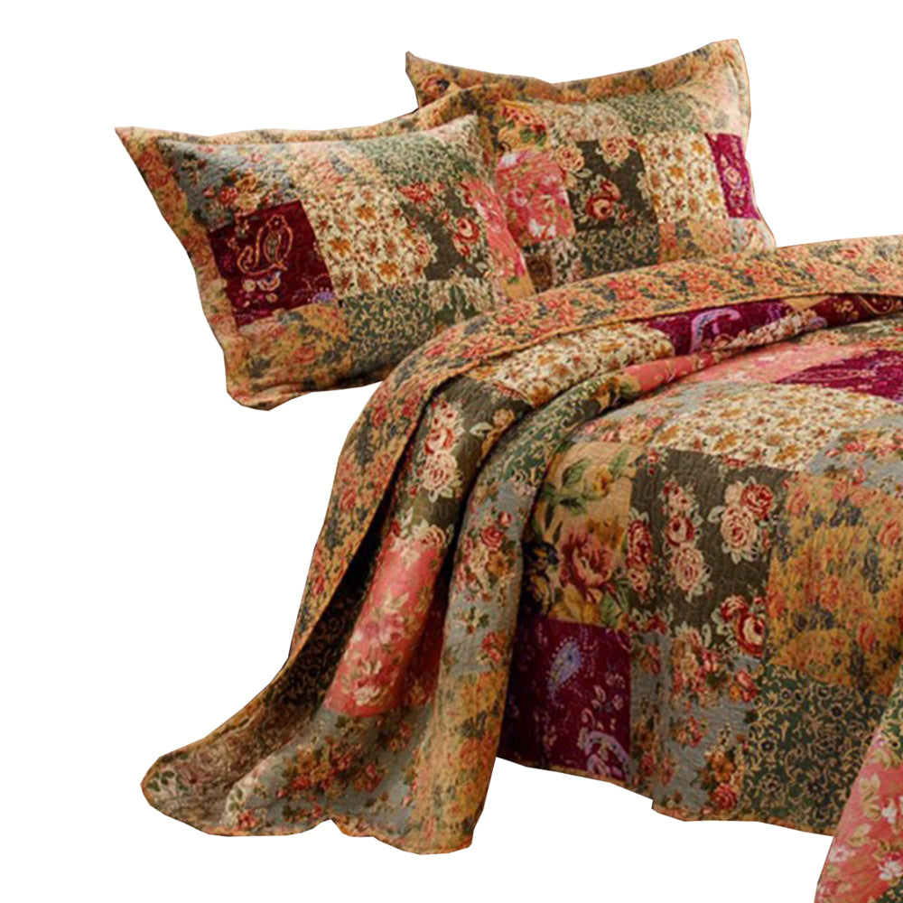 Kamet 3 Piece Fabric Full Size Bedspread Set with Floral Prints Multicolor By Casagear Home BM14954