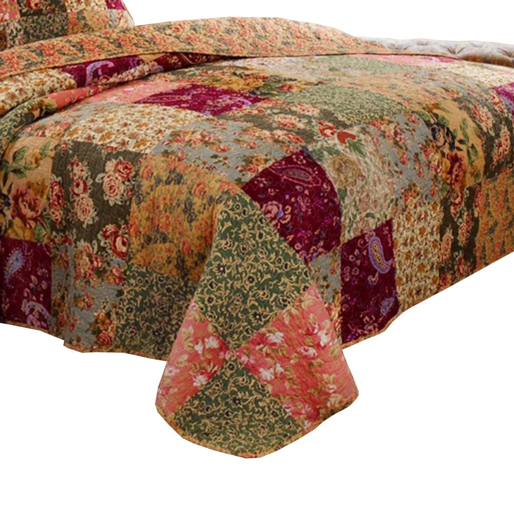 Kamet 3 Piece Fabric King Size Bedspread Set with Floral Prints Multicolor By Casagear Home BM14955