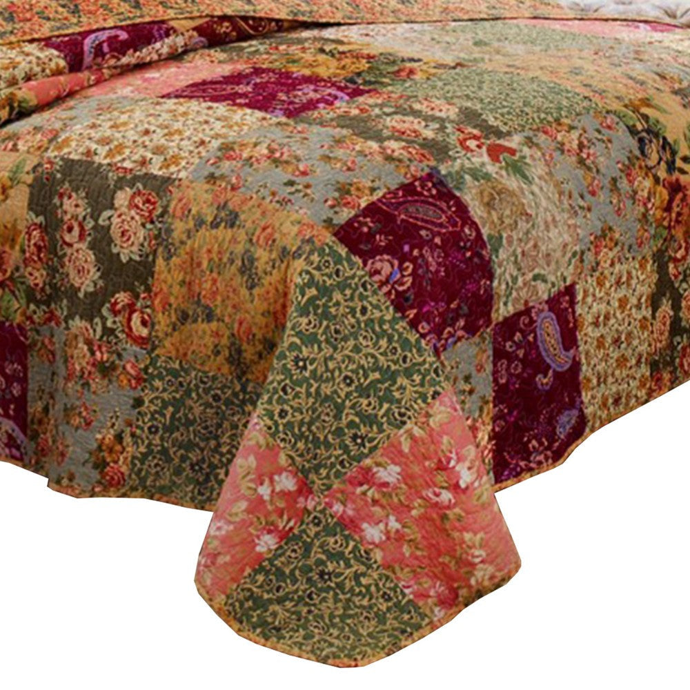 Kamet 3 Piece Fabric Queen Size Bedspread Set with Floral Prints,Multicolor By Casagear Home BM14956