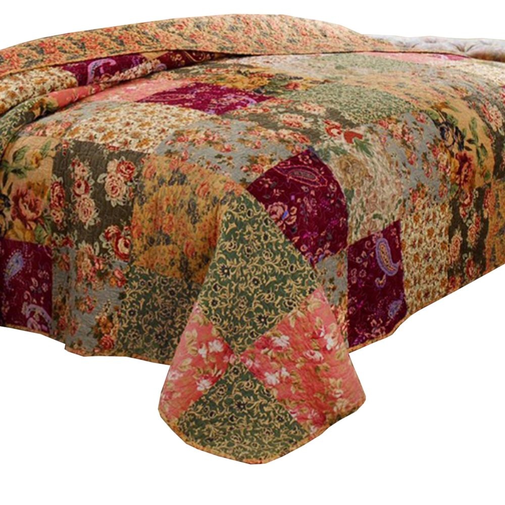 Kamet 2 Piece Fabric Twin Size Bedspread Set with Floral Prints Multicolor By Casagear Home BM14957