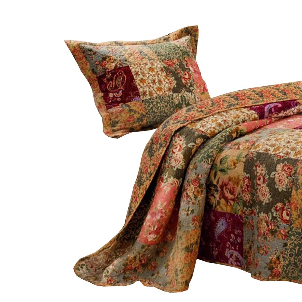 Kamet 2 Piece Fabric Twin Size Bedspread Set with Floral Prints Multicolor By Casagear Home BM14957