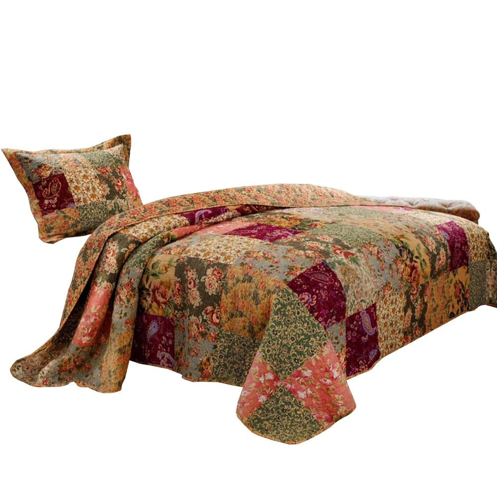 Kamet 2 Piece Fabric Twin Size Bedspread Set with Floral Prints Multicolor By Casagear Home BM14957