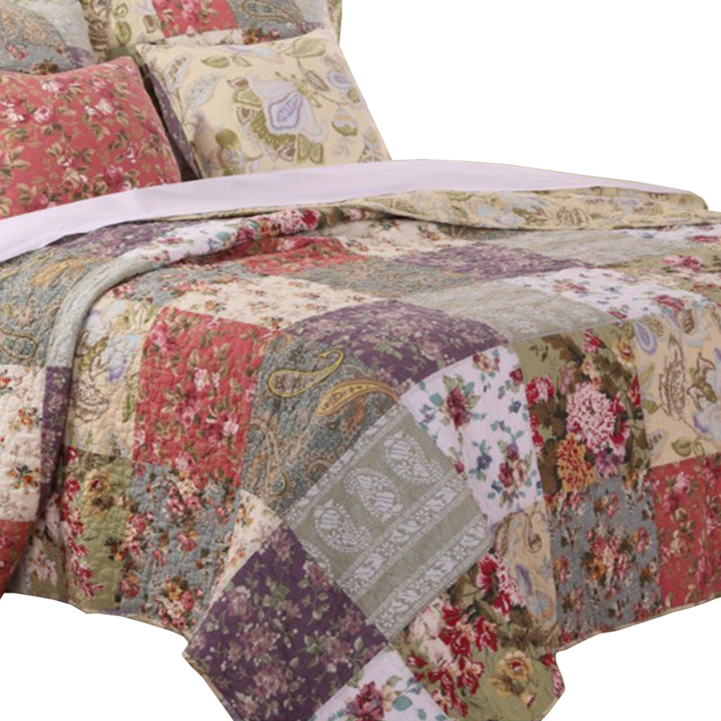 Chicago 5 Piece Fabric Queen Size Quilt Set with Jacobean Prints,Multicolor By Casagear Home BM14969