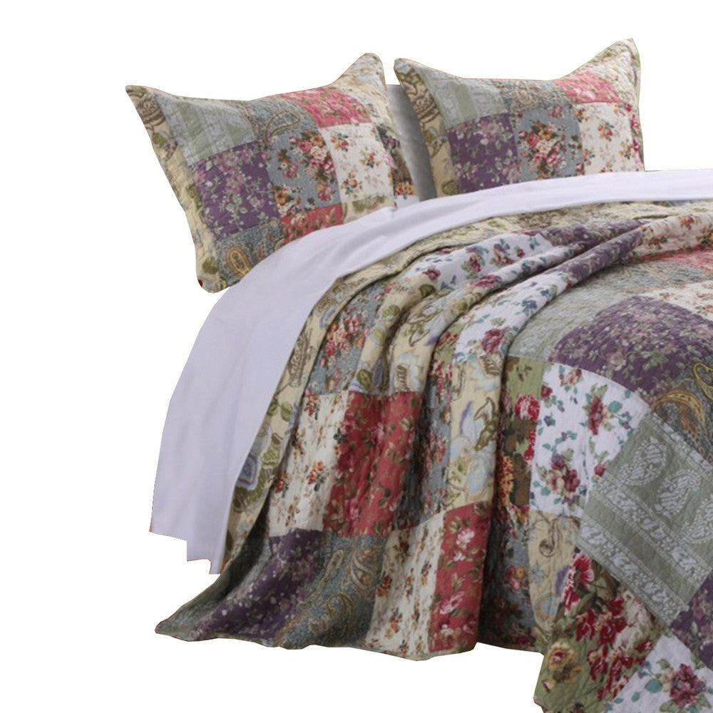 Chicago 3 Piece Fabric Full Bedspread Set with Jacobean Prints Multicolor By Casagear Home BM14971