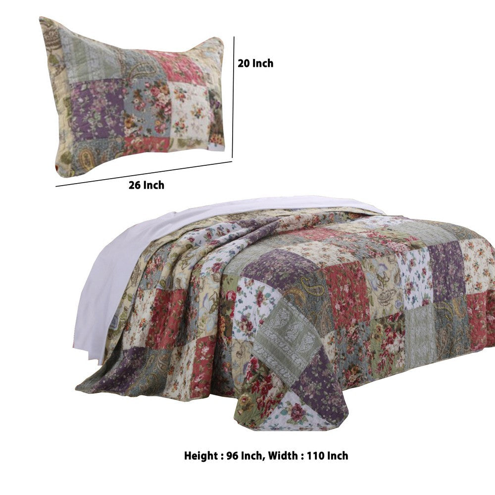 Chicago 3 Piece Fabric Full Bedspread Set with Jacobean Prints Multicolor By Casagear Home BM14971