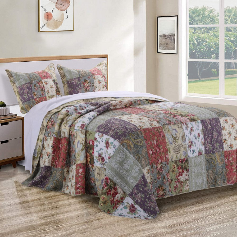 Chicago 3 Piece Fabric Full Bedspread Set with Jacobean Prints Multicolor By Casagear Home BM14971