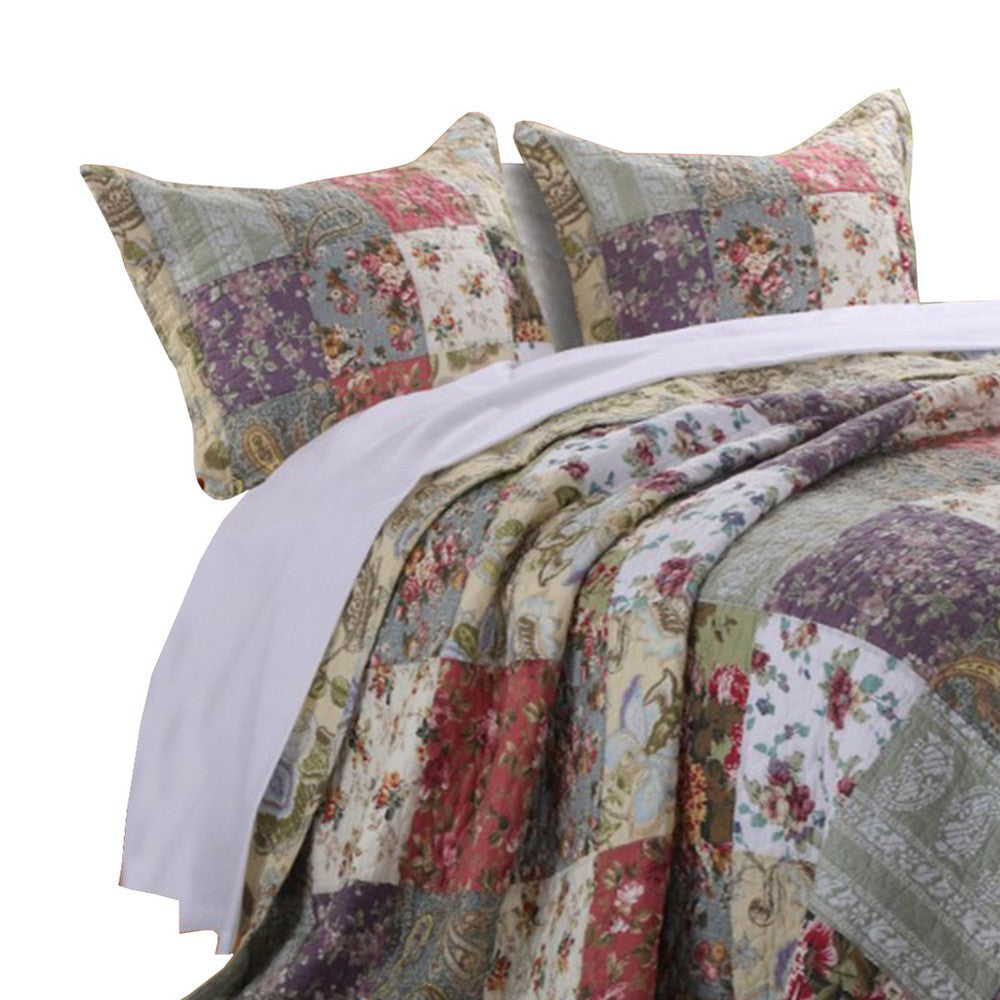 Chicago 3 Piece Fabric King Bedspread Set with Jacobean Prints Multicolor By Casagear Home BM14972