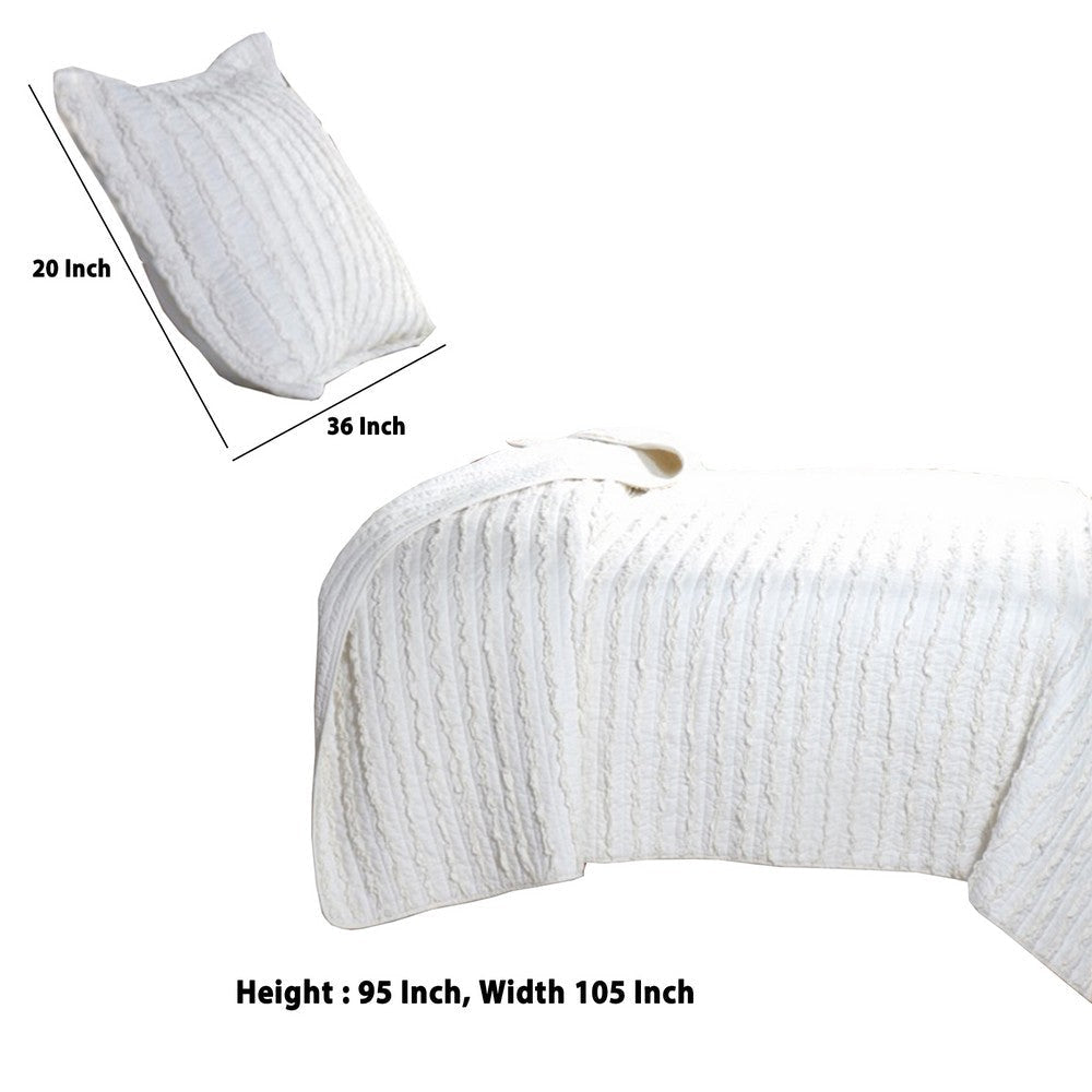 Yukon Fabric 3 Piece King Size Quilt Set with Ruffle Striped Pattern White By Casagear Home BM15046