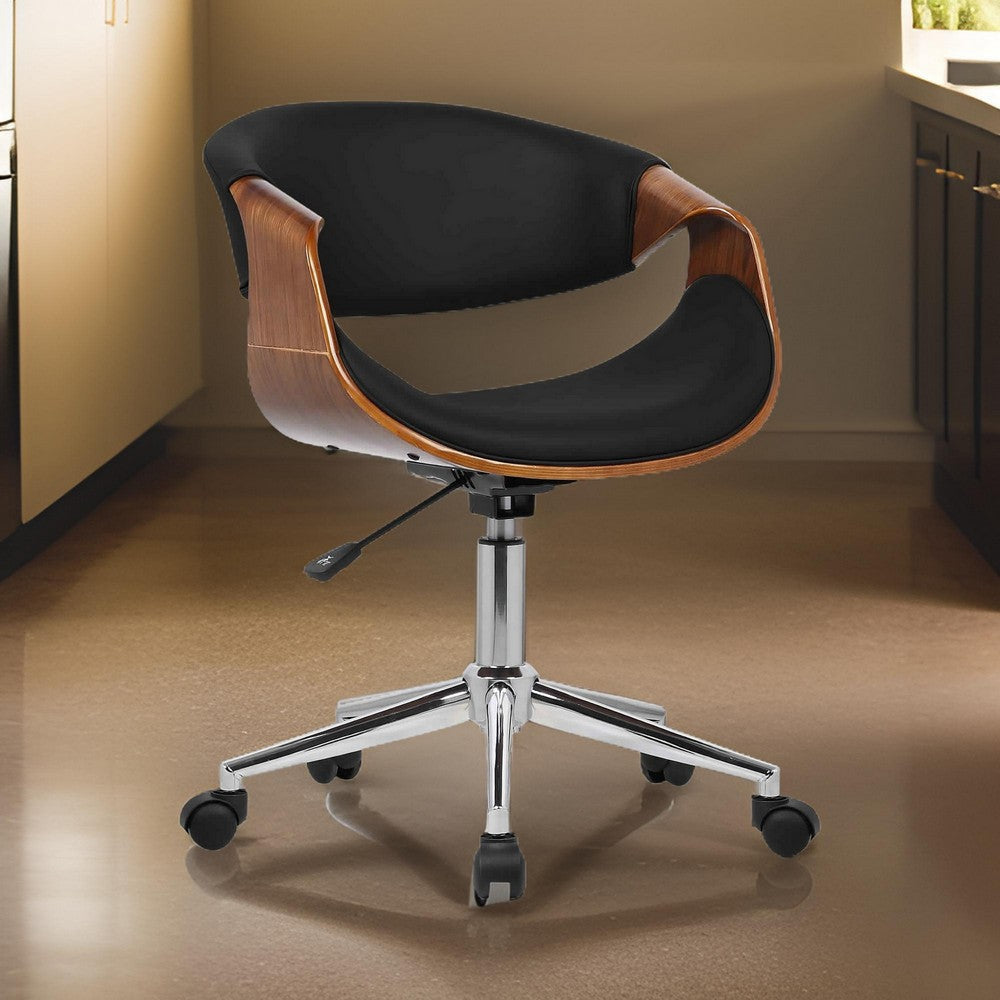 Curved Leatherette Wooden Frame Adjustable Office Chair Brown and Black By Casagear Home BM155774