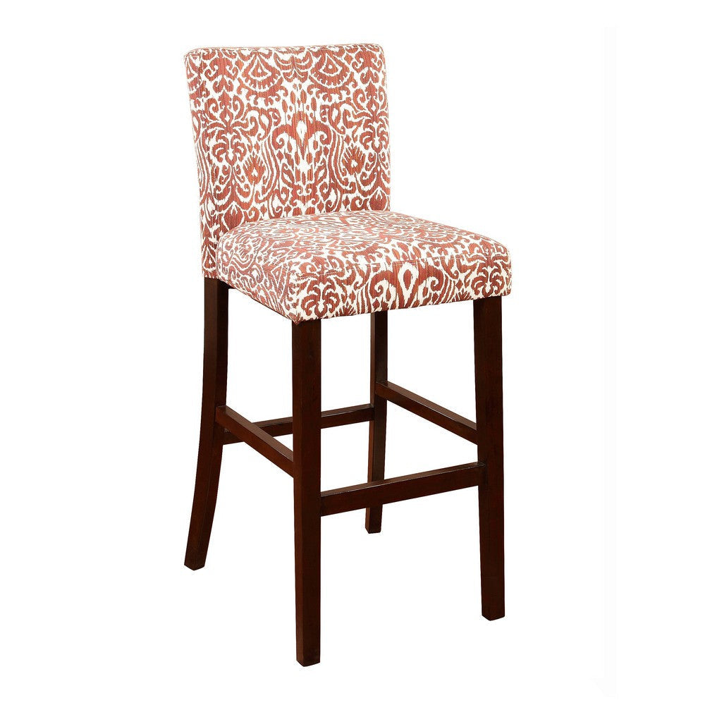 Wooden Bar Stool with Patterned Fabric Upholstery, Red and White