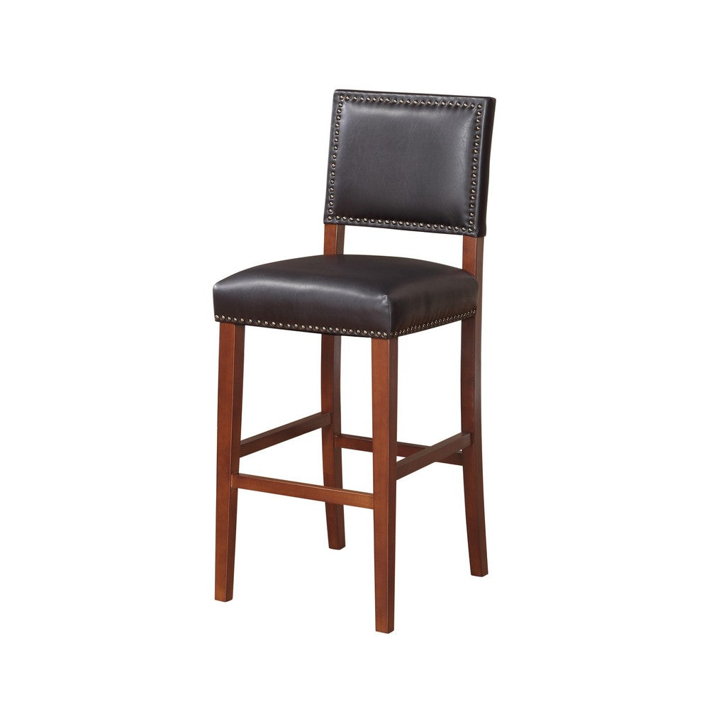 Nailhead Leatherette Bar Stool with Rectangular Backrest Black and Brown By Casagear Home BM16624