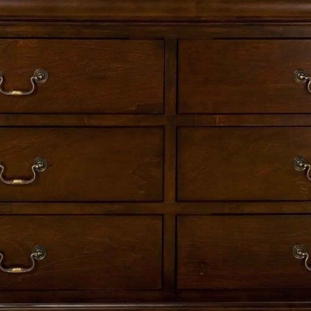 6 Drawer Wooden Dresser with Antique Pulls and Molded Top Brown By Casagear Home BM171939