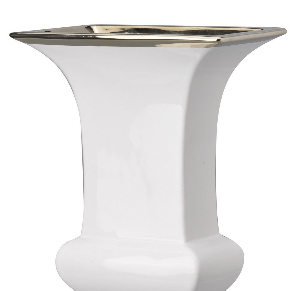 Ceramic Decorative Urn With Rectangular Opening Large White & Silver By Casagear Home BM180908