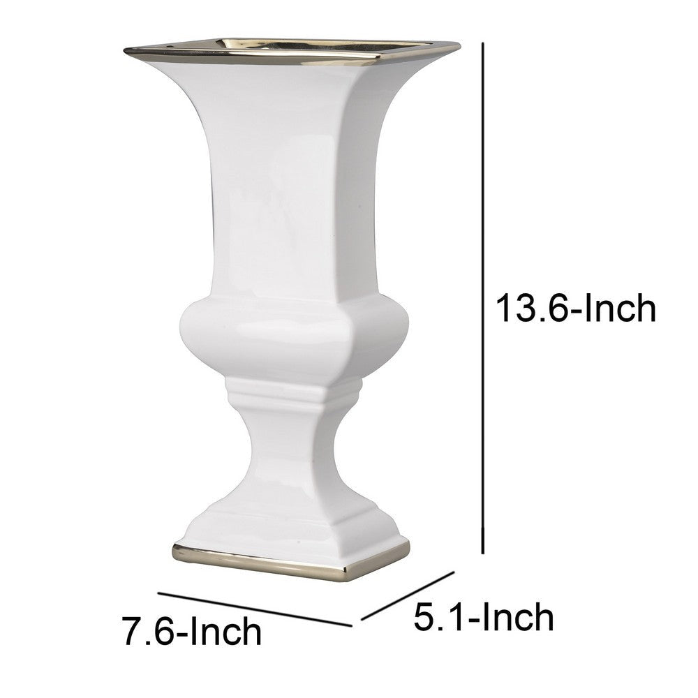 Ceramic Decorative Urn With Rectangular Opening Large White & Silver By Casagear Home BM180908