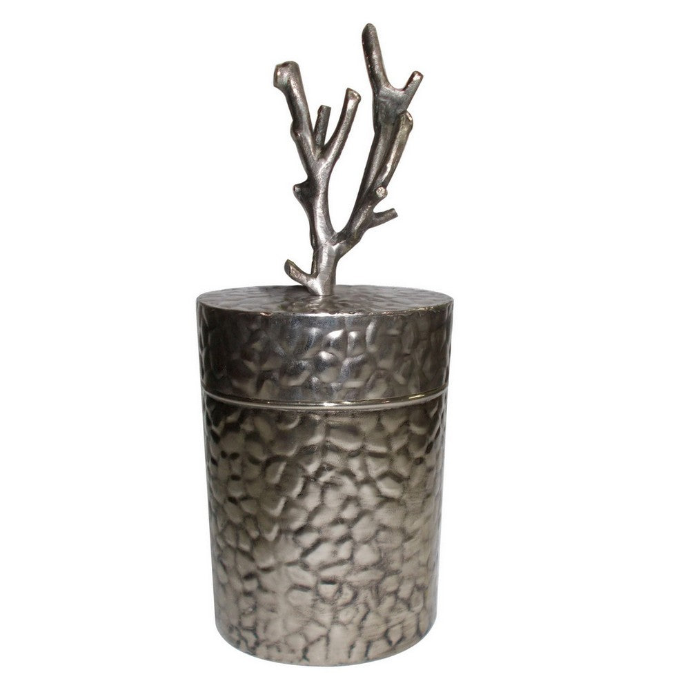 21 Inch Lidded Metal Jar Textured Body Branched Finial Silver By Casagear Home BM180986