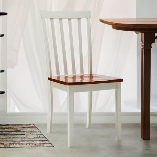 Wooden Seat Dining Chair with Slatted Backrest, Set of 2, Brown and White by Casagear Home