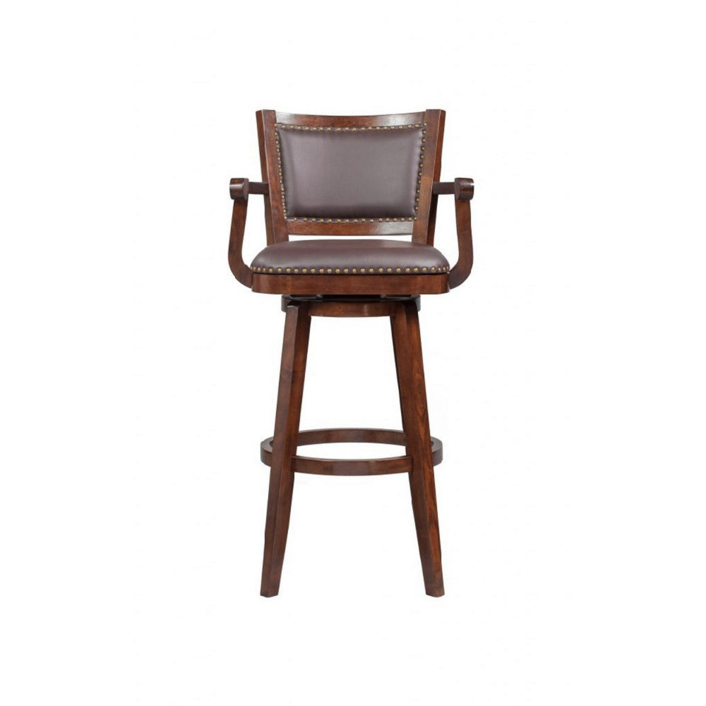 Nailhead Trim Faux Leather Upholstered Barstool with Wooden Arms Dark Brown by Casagear Home BM183375