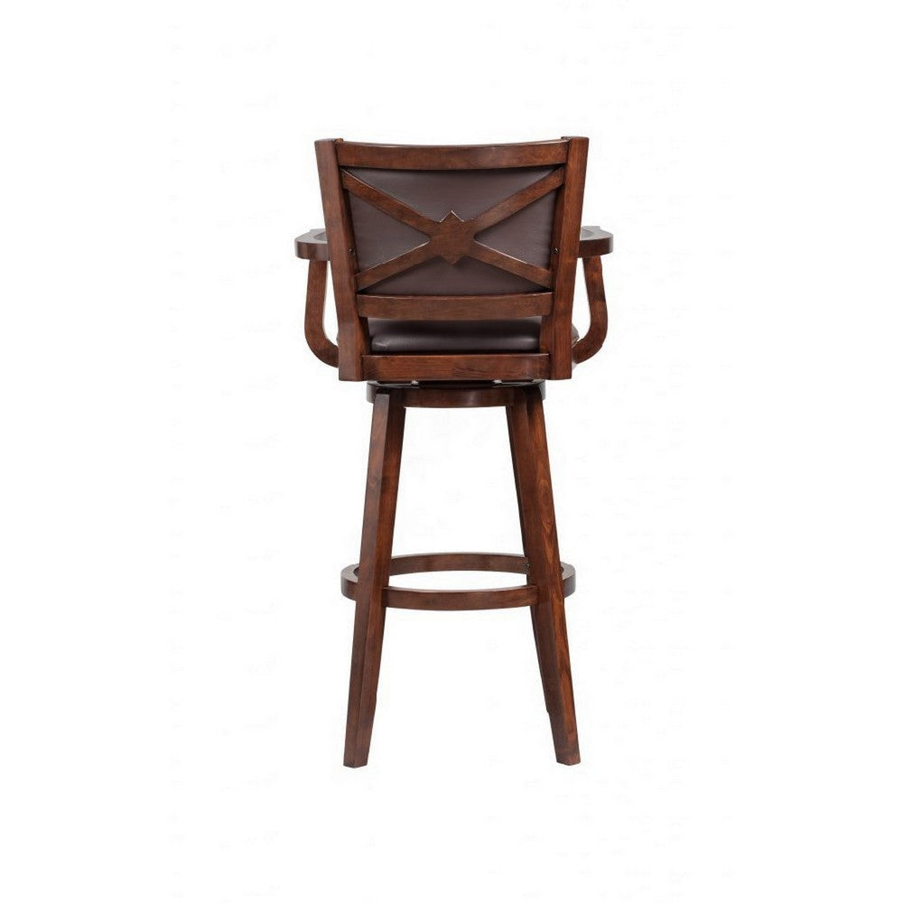 Nailhead Trim Faux Leather Upholstered Barstool with Wooden Arms Dark Brown by Casagear Home BM183375