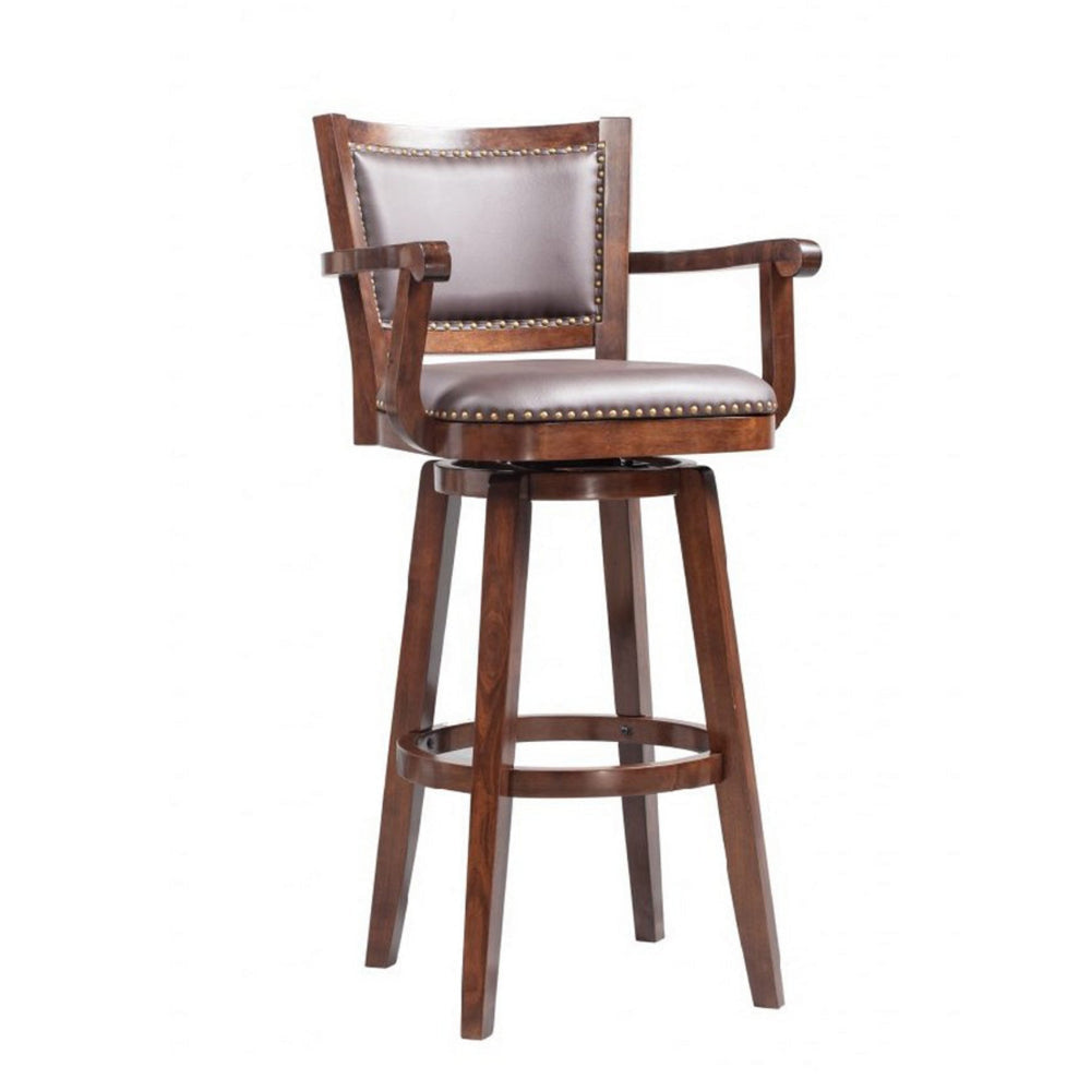 Nailhead Trim Faux Leather Upholstered Barstool with Wooden Arms, Dark Brown by Casagear Home