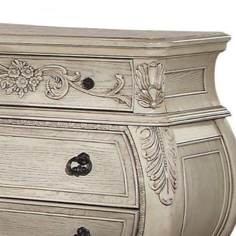 Three Drawer Wooden Nightstand With Scrolled Feet Antique White AMF-27013