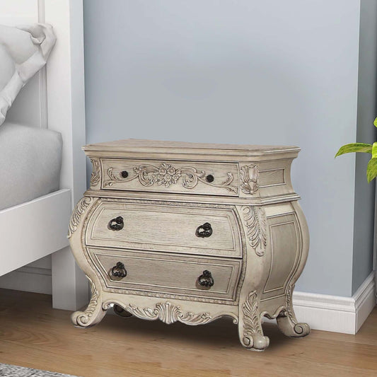 Three Drawer Wooden Nightstand With Scrolled Feet, Antique White