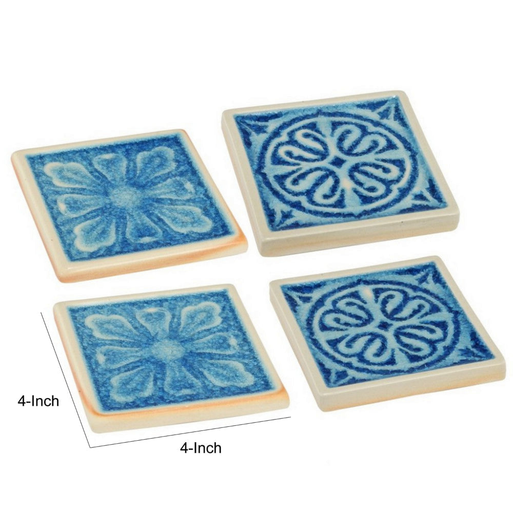 Square Shaped Ceramic Coaster with Intricate Detail Blue and Cream Set of Four By Casagear Home BM185938