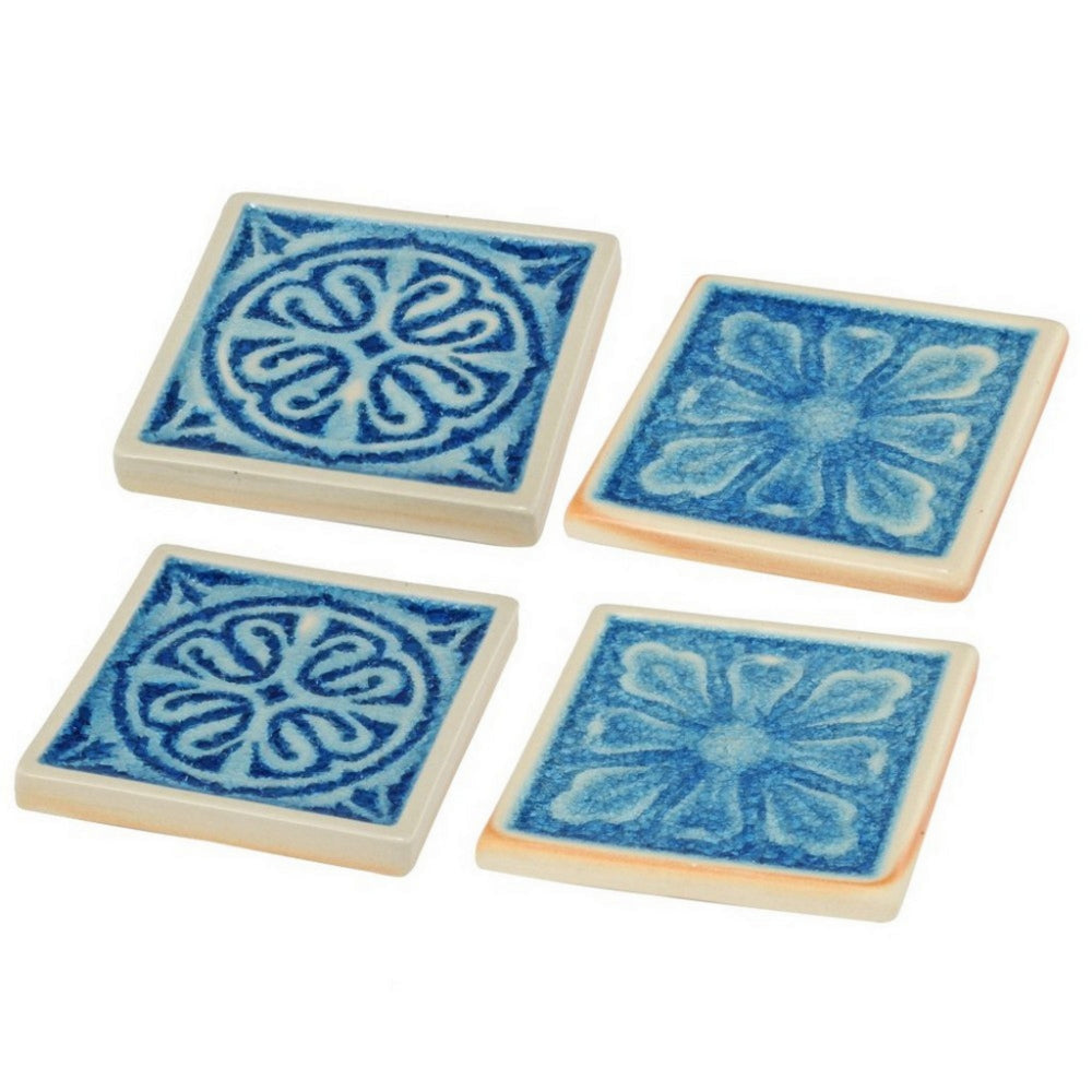 Square Shaped Ceramic Coaster with Intricate Detail Blue and Cream Set of Four By Casagear Home BM185938