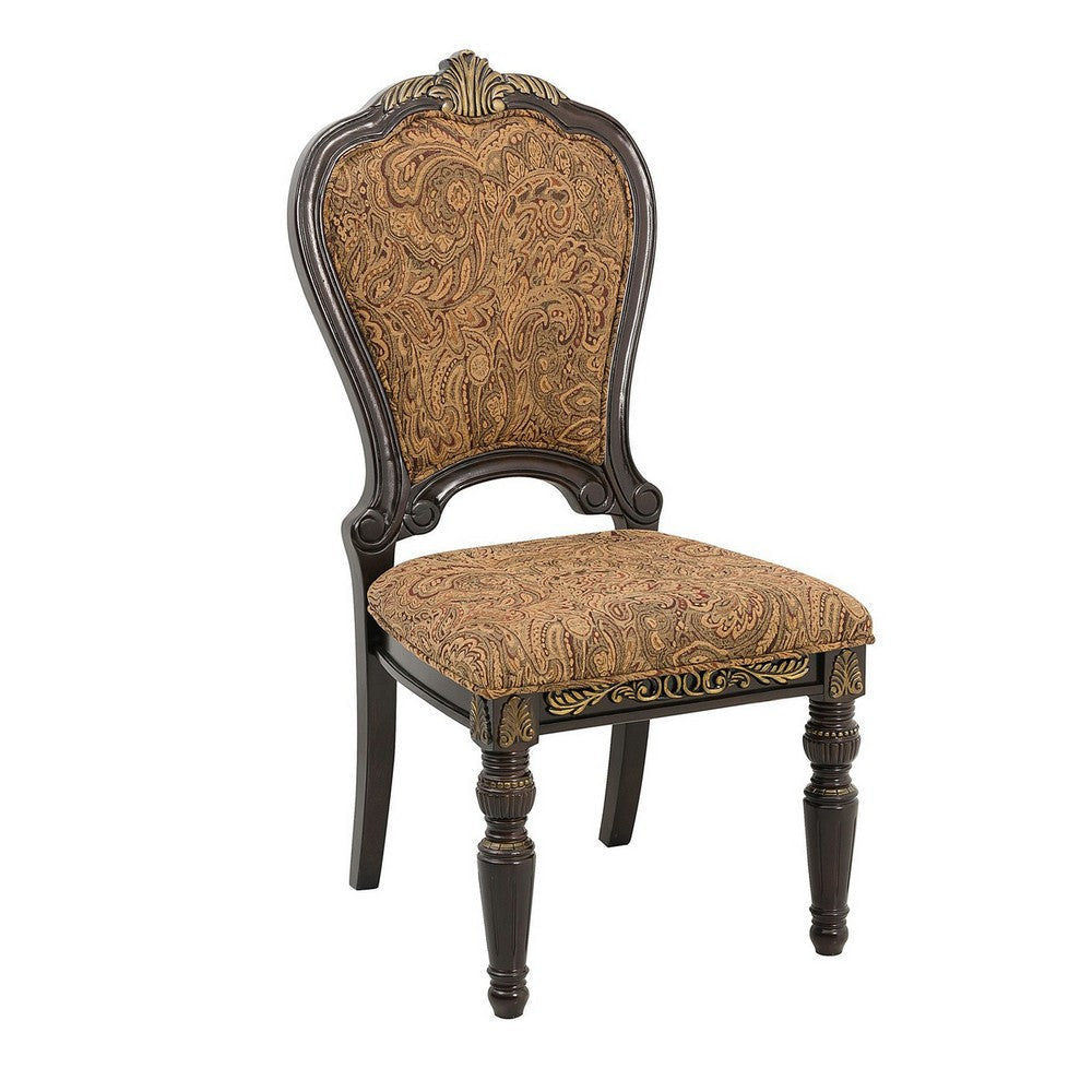 Wooden Tuscan Style Side Chair With Fabric Upholstery Set of 2 Cherry Brown By Casagear Home BM186013