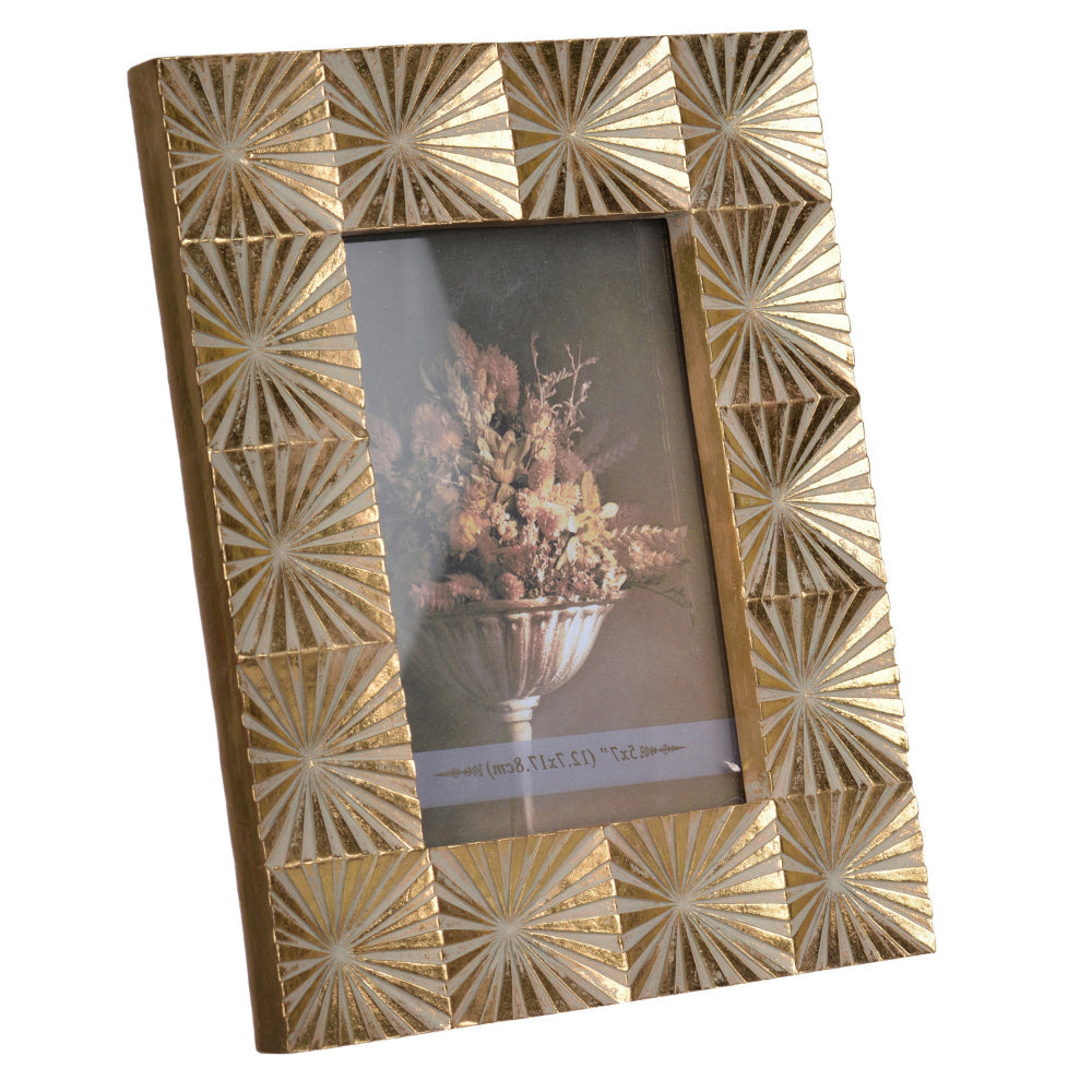 Rectangular Shaped Polyresin Photo Frame with Mirror and Pyramid Like Design Gold By Casagear Home BM187949