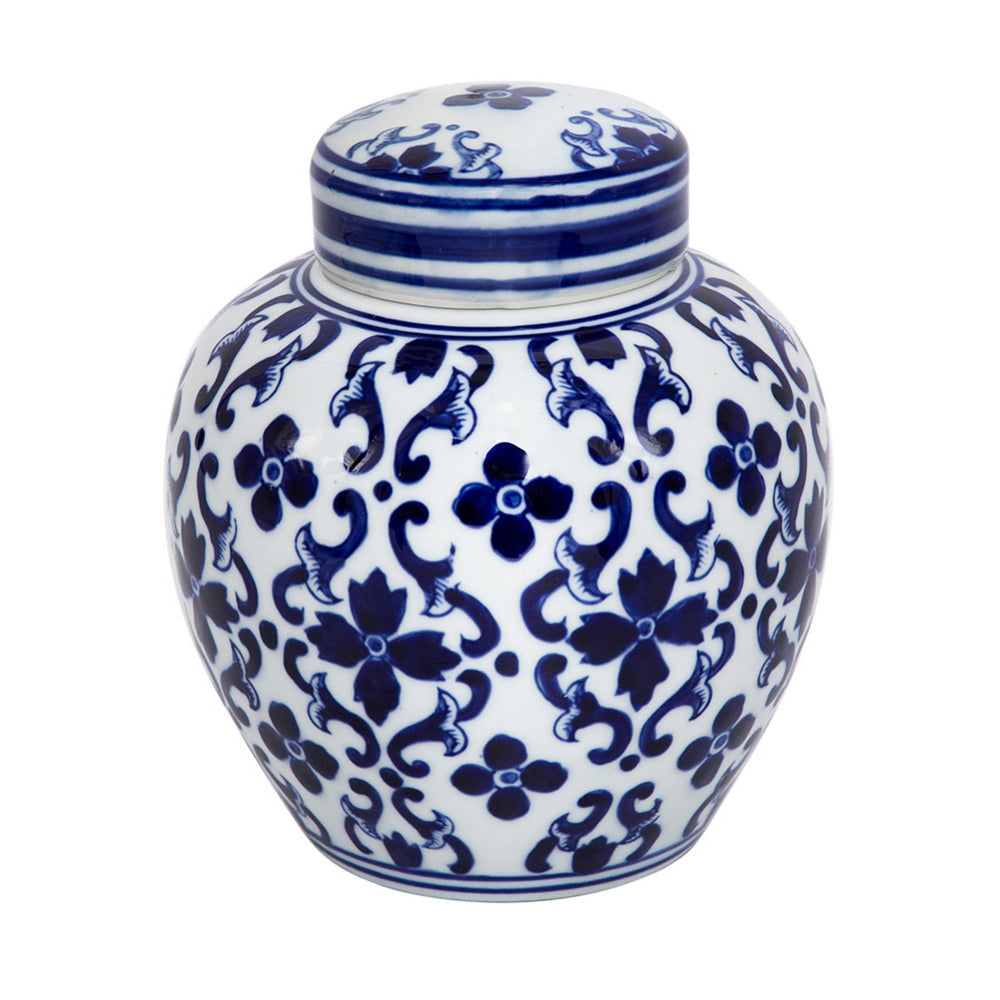 Traditional Style Urn Shape Ceramic Lidded Jar with Floral Pattern White and Blue By Casagear Home BM187957