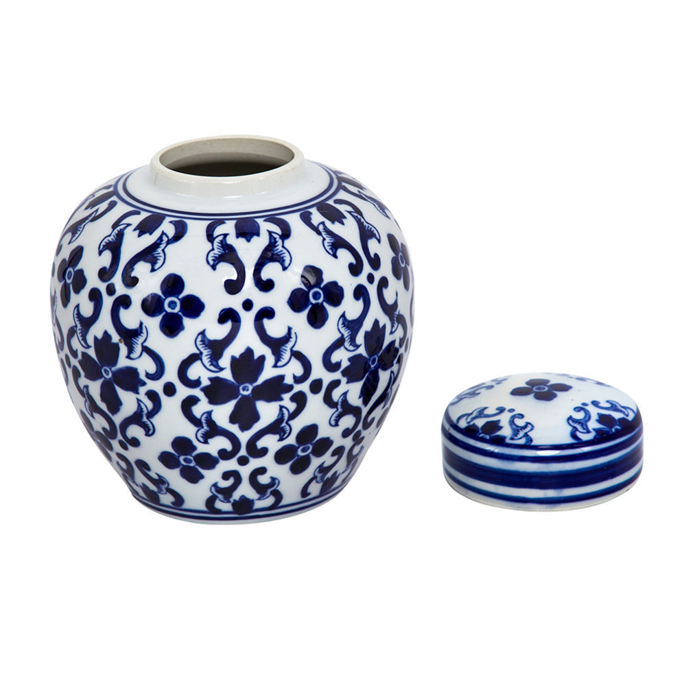 Traditional Style Urn Shape Ceramic Lidded Jar with Floral Pattern White and Blue By Casagear Home BM187957