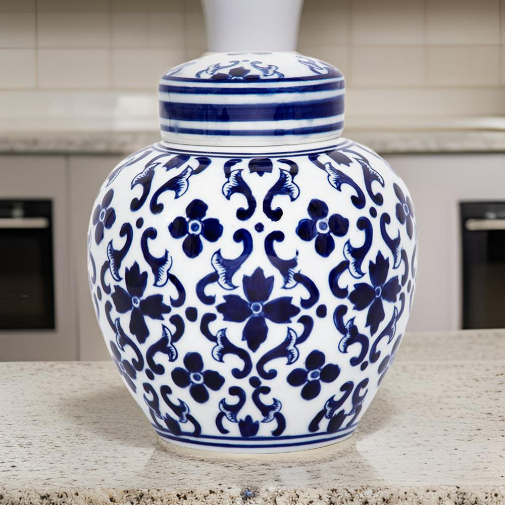 Traditional Style Urn Shape Ceramic Lidded Jar with Floral Pattern, White and Blue By Casagear Home