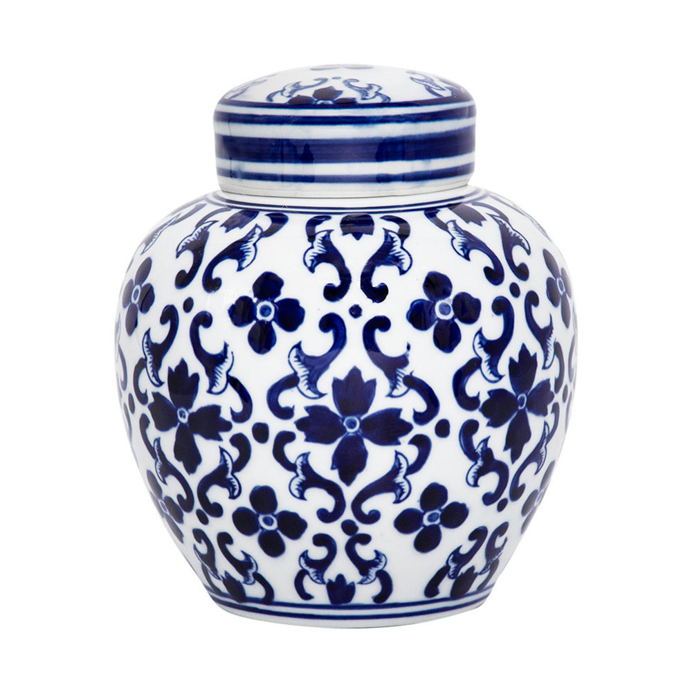 Traditional Style Urn Shape Ceramic Lidded Jar with Floral Pattern White and Blue By Casagear Home BM187957