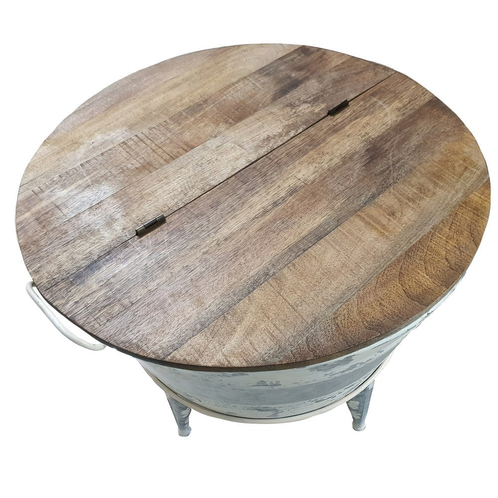 26 inch Accent Round Cocktail Table Tub Like Iron Base Brown Gray Washed White By Casagear Home BM193783