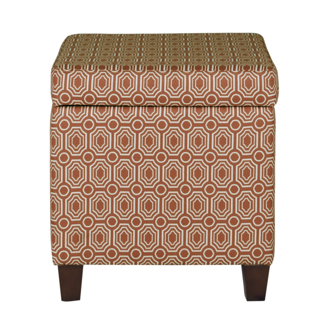 Geometric Patterned Square Wooden Ottoman with Lift Off Lid Storage Orange and Cream - K7380-F1447 By Casagear Home KFN-K7380-F1447