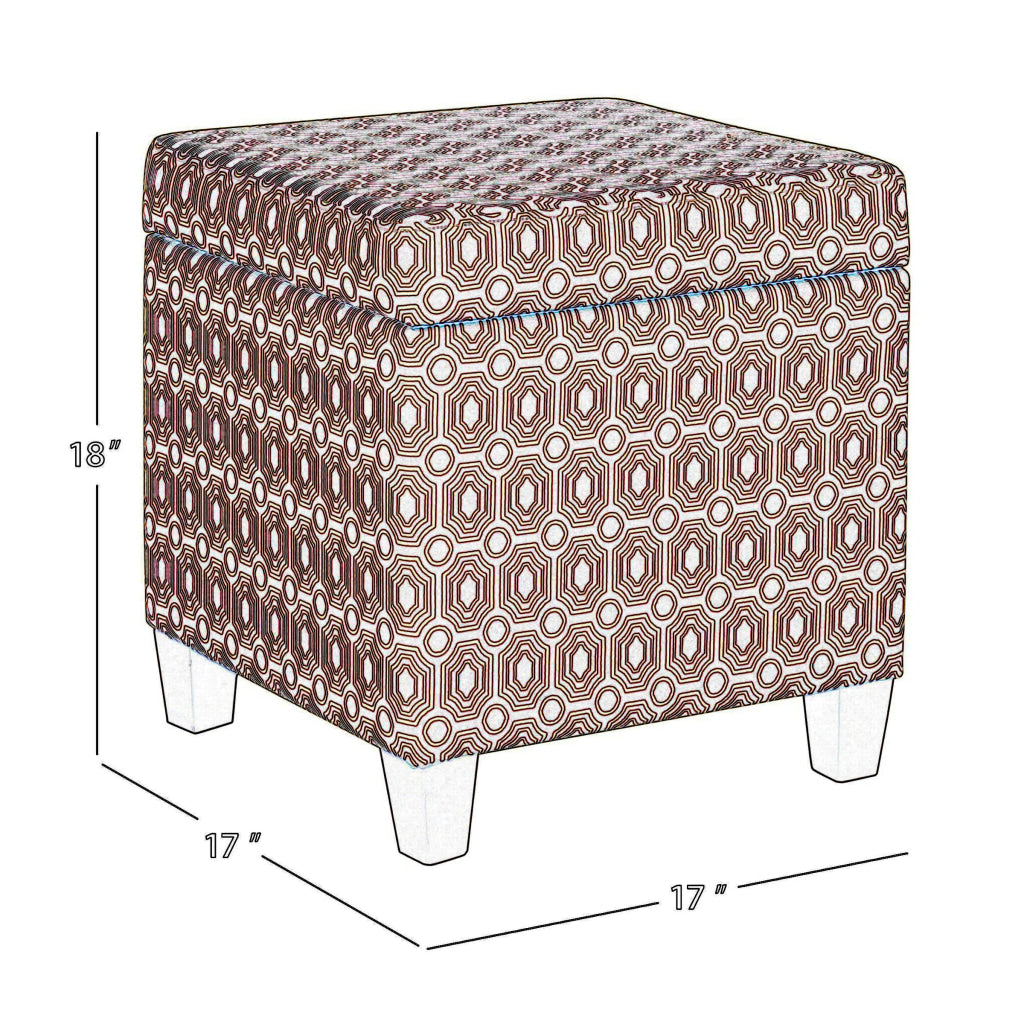 Geometric Patterned Square Wooden Ottoman with Lift Off Lid Storage Orange and Cream - K7380-F1447 By Casagear Home KFN-K7380-F1447