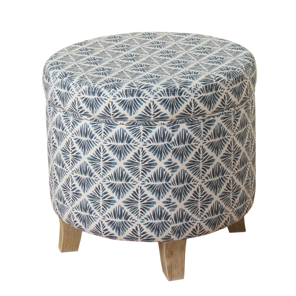 Round Shaped Fabric Upholstered Wooden Ottoman with Lift Off Lid Storage Blue and White - K7490-A811 By Casagear Home KFN-K7490-A811