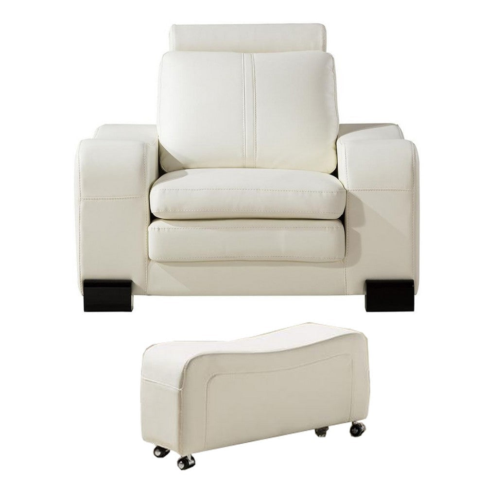 Faux Leather Upholstered Wooden Sofa Chair and Ottoman Set, White By Casagear Home