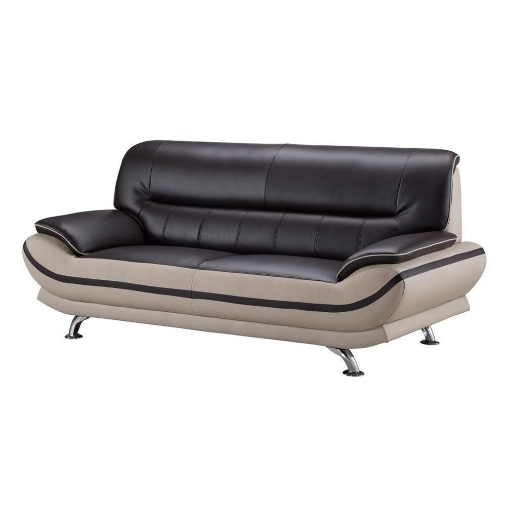 Faux Leather Upholstered Wooden Sofa with Tufted Cushioned Back, Dark Brown and Beige By Casagear Home