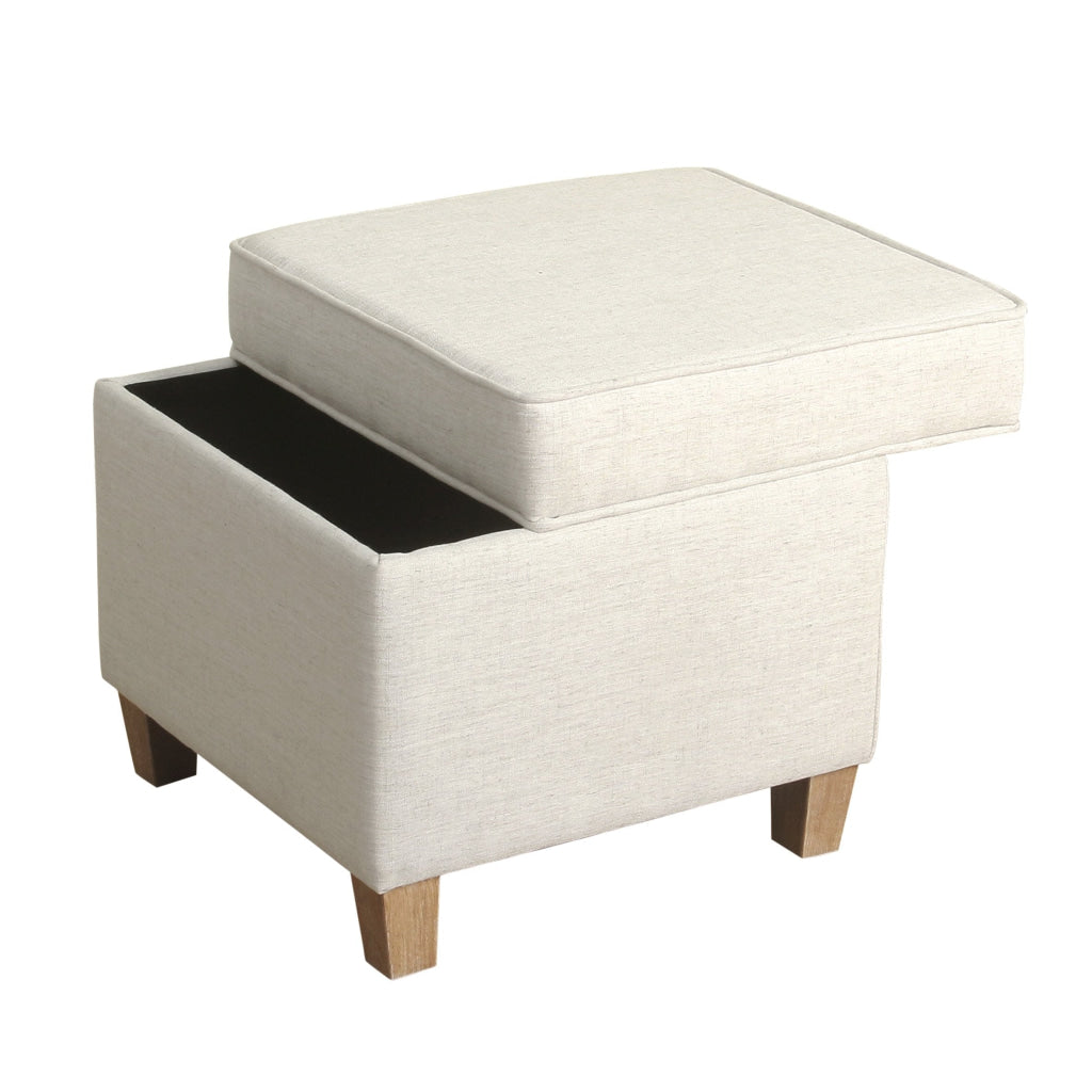 Square Shape Fabric Upholstered Ottoman with Lift Off Top and Wooden Tapered Feet White and Brown - K7342-F2067 By Casagear Home