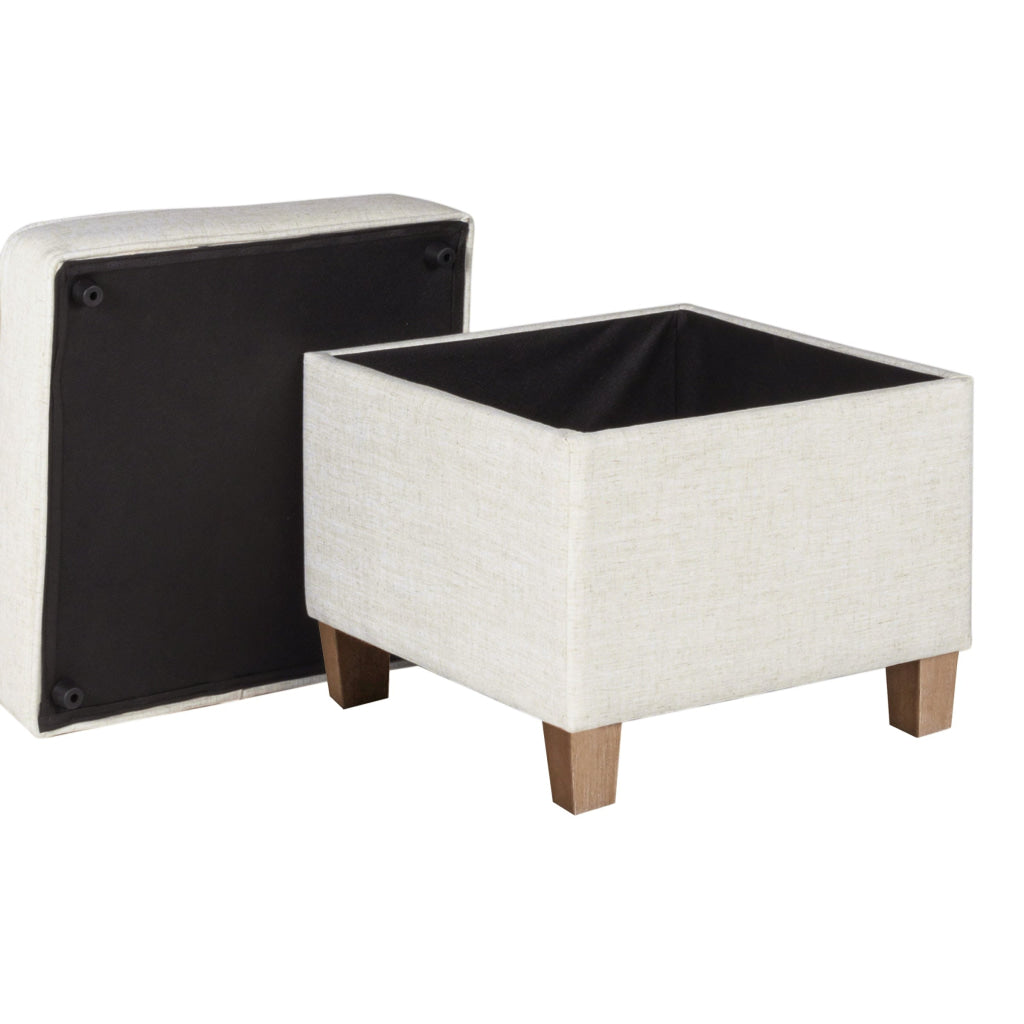 Square Shape Fabric Upholstered Ottoman with Lift Off Top and Wooden Tapered Feet White and Brown - K7342-F2067 By Casagear Home