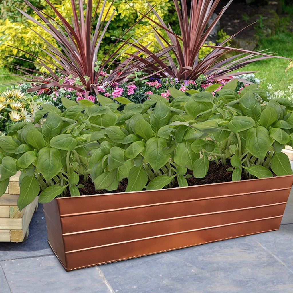 Rectangular Metal Flower Planter Box with Embossed Line Design, Large, Copper - BM195218