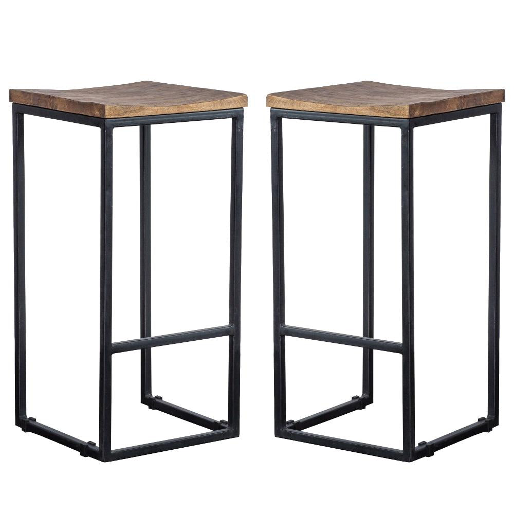 30 Inch Iron Frame Barstool with Mango Wood Saddle Seat Set of 2 Brown and Black By Casagear Home CLH-PL12903