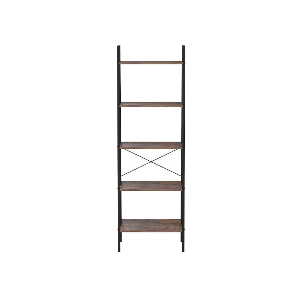 Five Tiered Rustic Wooden Ladder Shelf with Iron Framework Brown and Black - BM195846 By Casagear Home BM195846