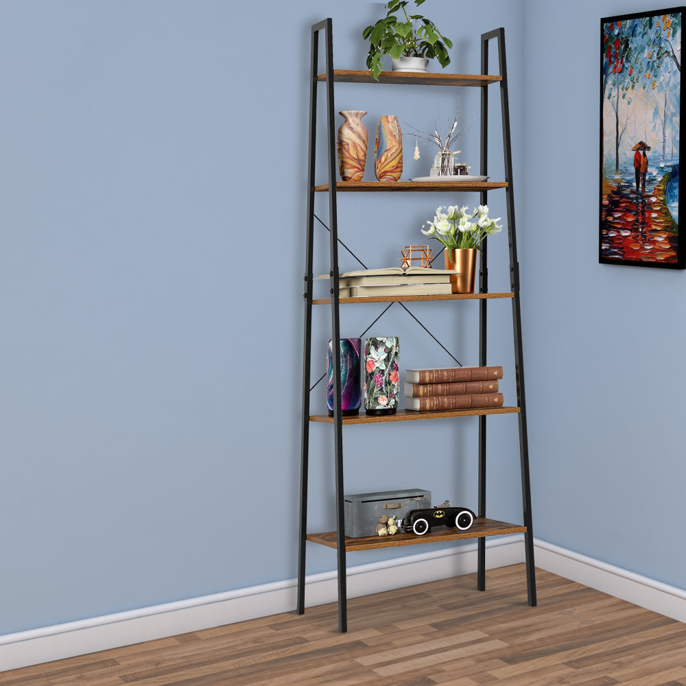 Five Tiered Rustic Wooden Ladder Shelf with Iron Framework Brown and Black - BM195846 By Casagear Home BM195846