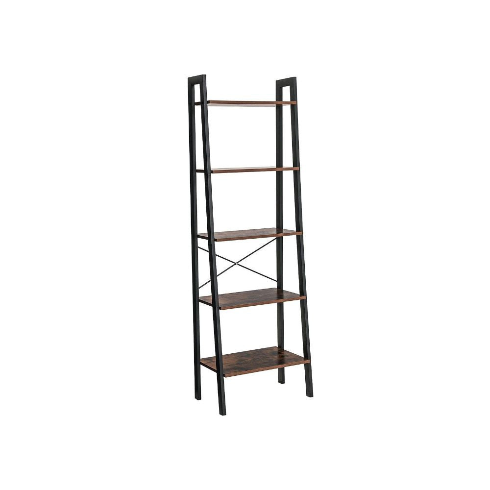 Five Tiered Rustic Wooden Ladder Shelf with Iron Framework, Brown and Black - BM195846 By Casagear Home