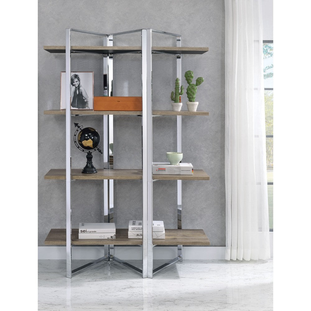 Geometric Metal Framed Bookshelf with Four Open Wooden Shelves- 92545 By Casagear Home